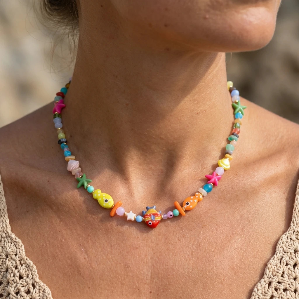Beach Style Colorful Ceramic Fish Starfish Choker Necklace For Women Ocean Series Scallops Beaded Necklaces Vacation Jewelry 260626 - view 4