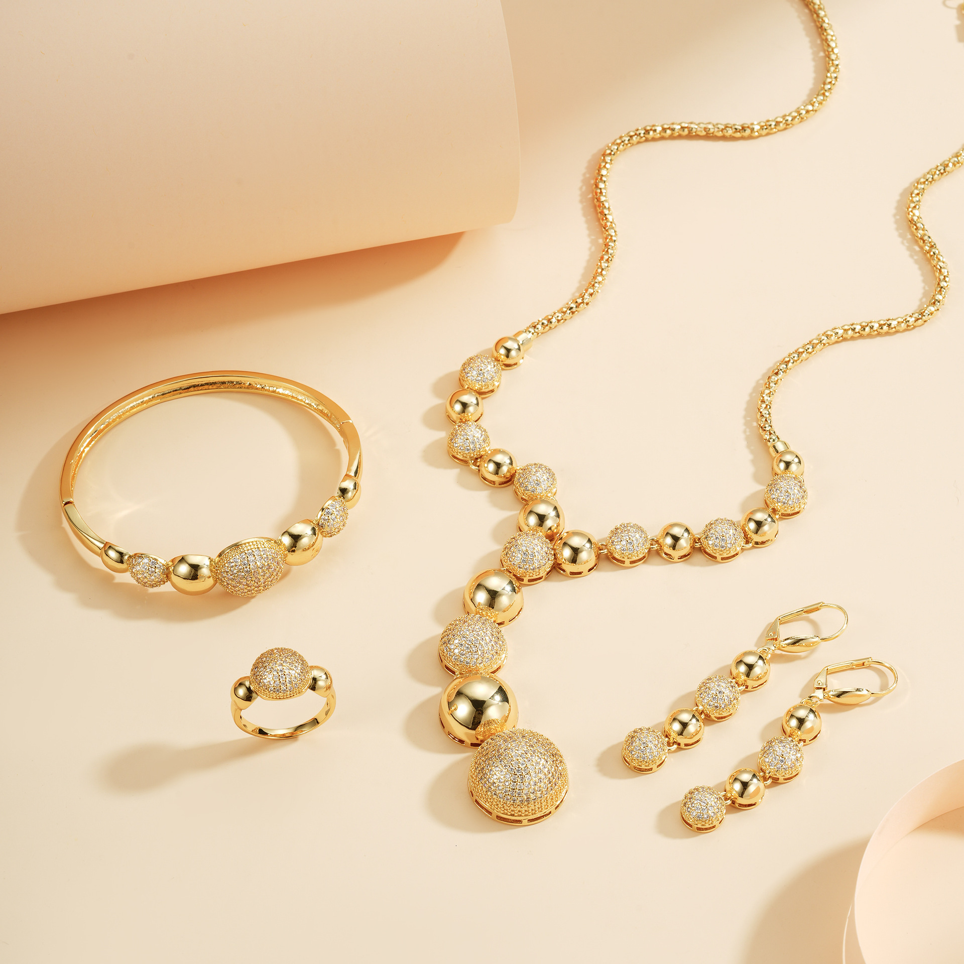 European Light Luxury 4Pcs Zircon Jewelry Set 18K Gold Plated Round Bead Women Necklace Bangle Ring Earrings - view 3
