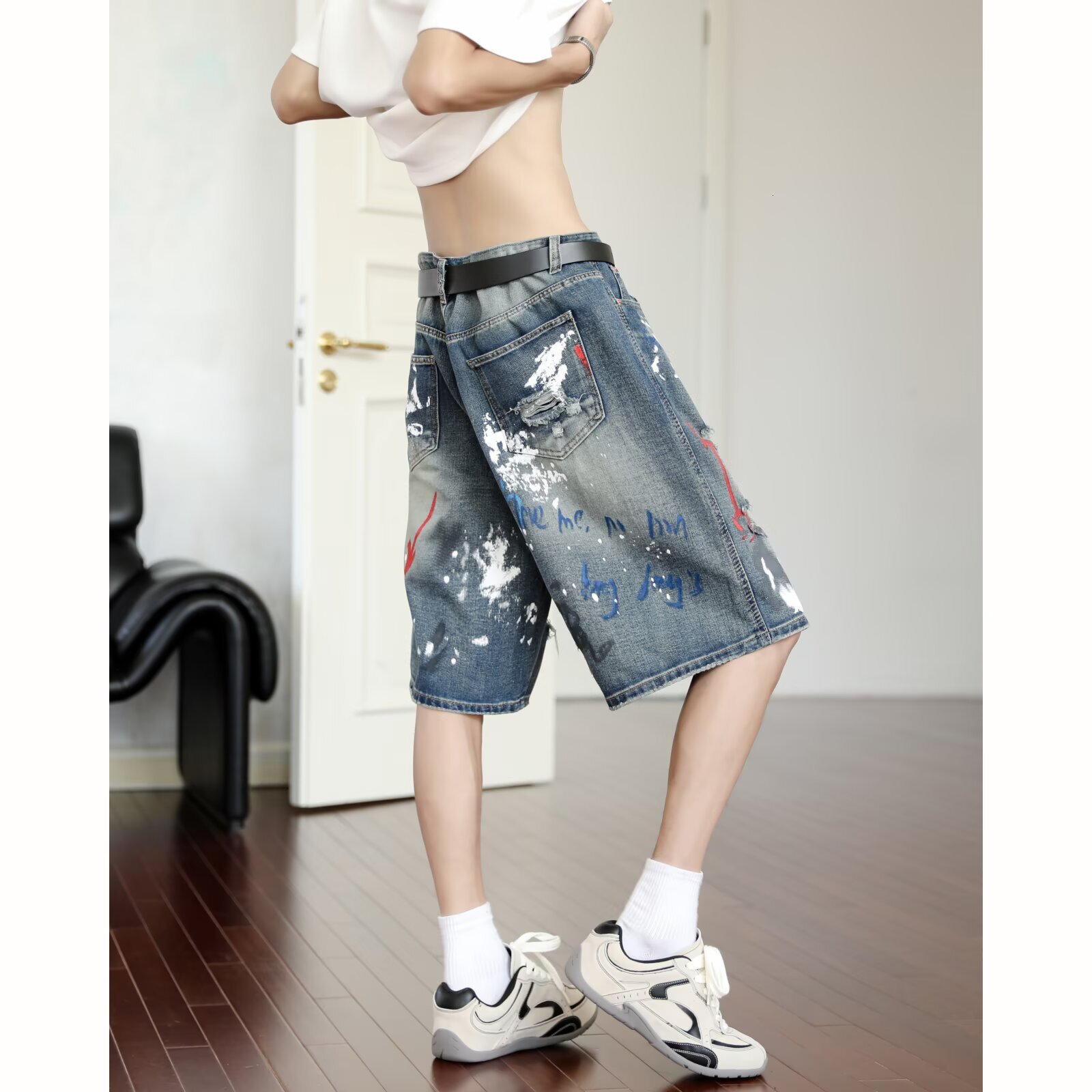 Summer New Graffiti Print Ripped Denim Shorts For Men, Casual Mid-Length Pants From Trendy Brand - view 4