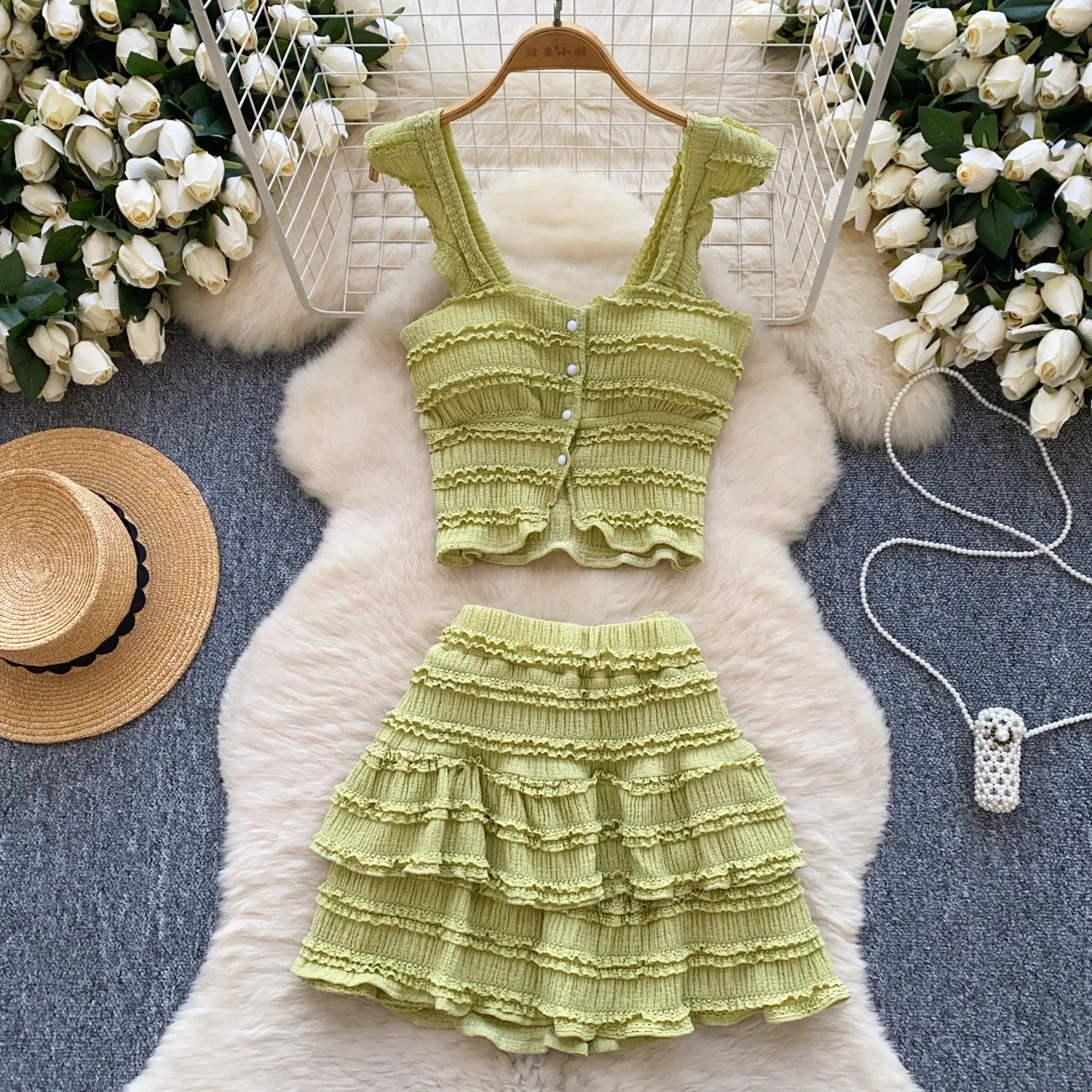 Summer Beachwear sweet Women Suits Strapless Edible Tree Fungus Chic TopsElastic Waist MIni Skirt Vacation Casual Sets 260625 - view 6