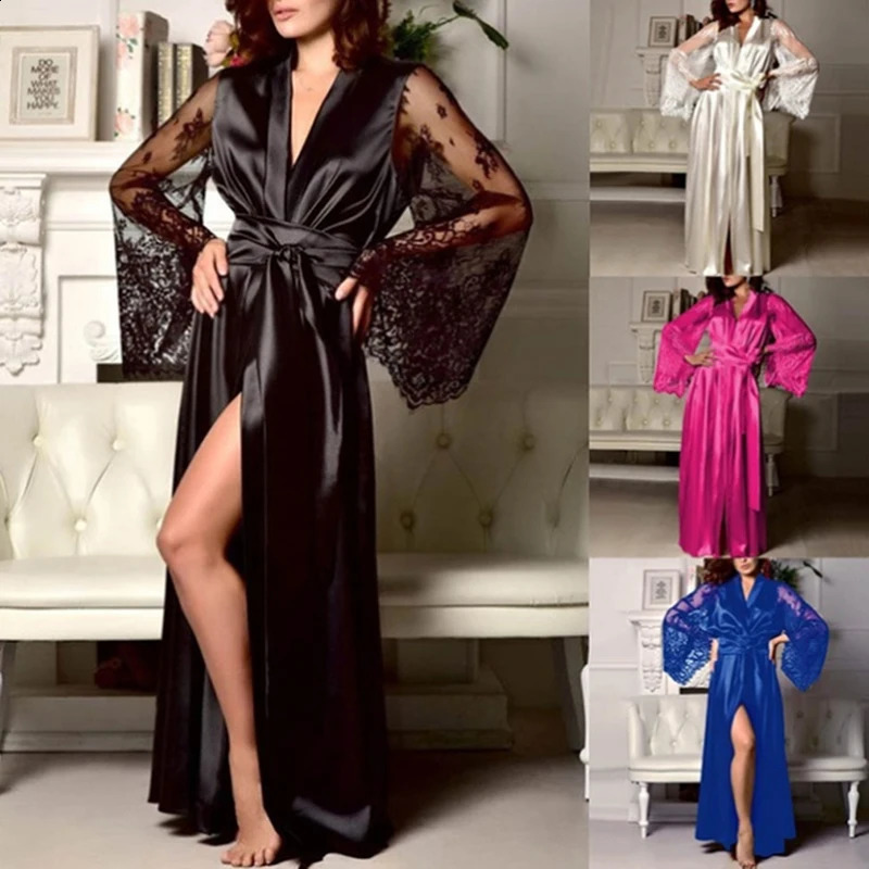Womens Nightdress Sexy Long Lace Lingerie Nightwear Bath Robe Gown Ice Silk Nightdress Solid Color Nightgown260622