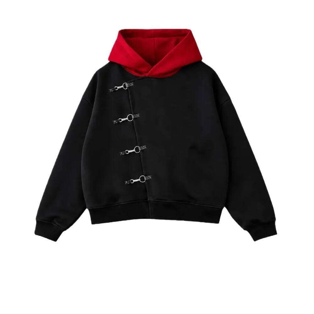 Y2K retro hoodie oversized black and red stitching metal buttons casual sweatshirt fashion hip-hop streetwear simple jacket W260626 - view 3