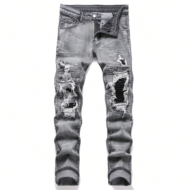 Mens Stretchy Denim Jeans Streetwear Tearing Patchwork Holes Ripped Denim Elastic Waist Casual Pants Slim fit Straight Trousers 260618CJ