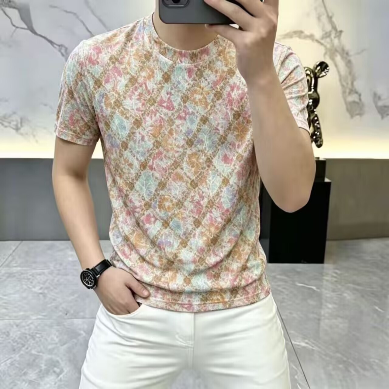 High-End Ice Silk Color-Block Men's Short-Sleeve Breathable Versatile Casual Hollow-Out T-Shirt With Round Neck - view 4