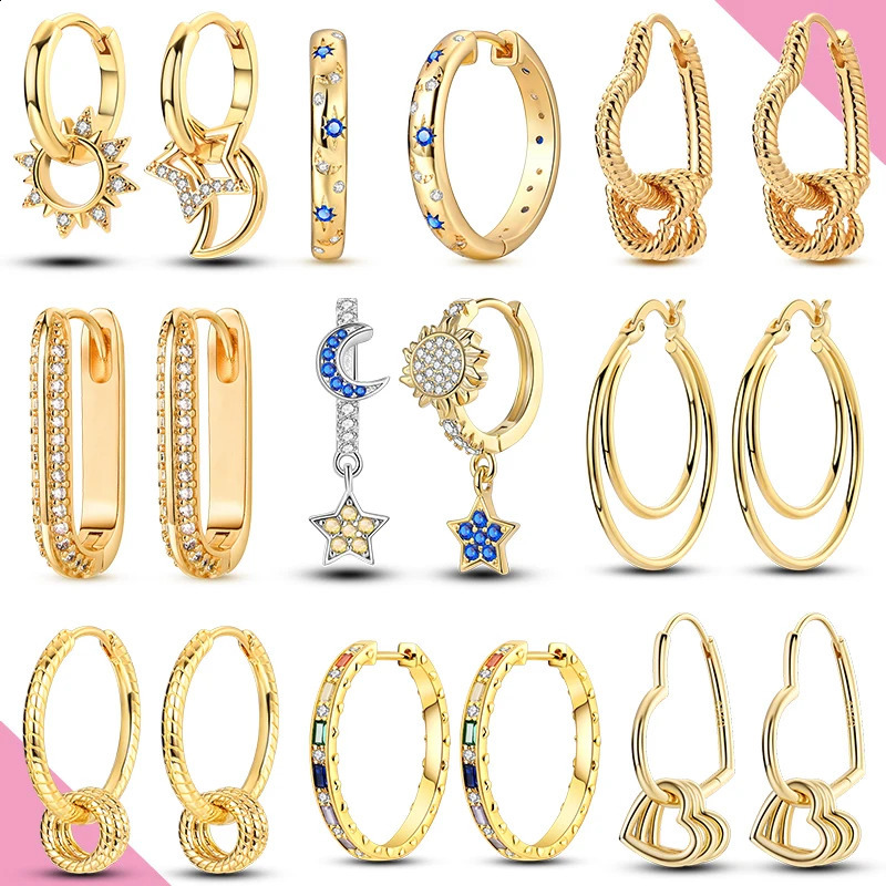 Original 925 Silver Hoop Gold Earring For Woman Heart Star Moon Zircon Pendientes Fashion Jewelry 260626