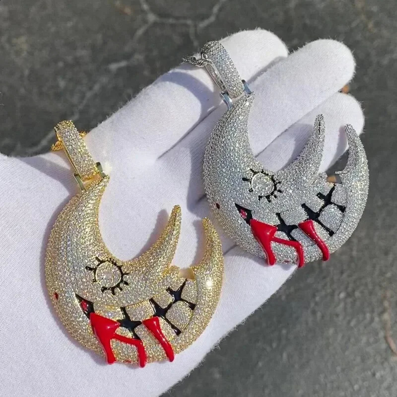 Fashion Men Hip Hop Moon Pendant Necklace Crystal Cuban Chain Iced Out Bling Necklaces Charm Jewelry 260615