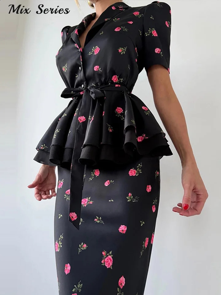 Elegant Printed Slim TwoPiece Set Womens Lapel Ruffle Hem Belt Top Floral Bodycon Skirt 2026 Summer Lady Structured Outfit 260626 - view 7