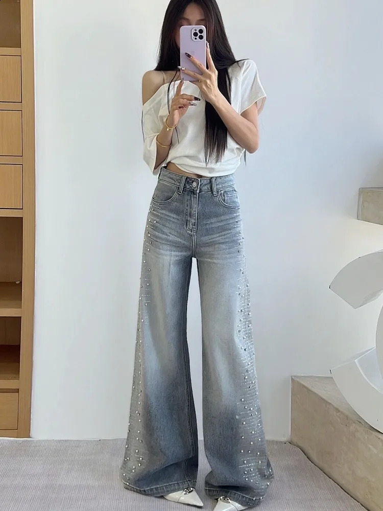 Female Spring Diamond Beading Wide Leg Jeans Loose Straight High Waisted Denim Trousers Women Casual Long Pant 260625 - view 7