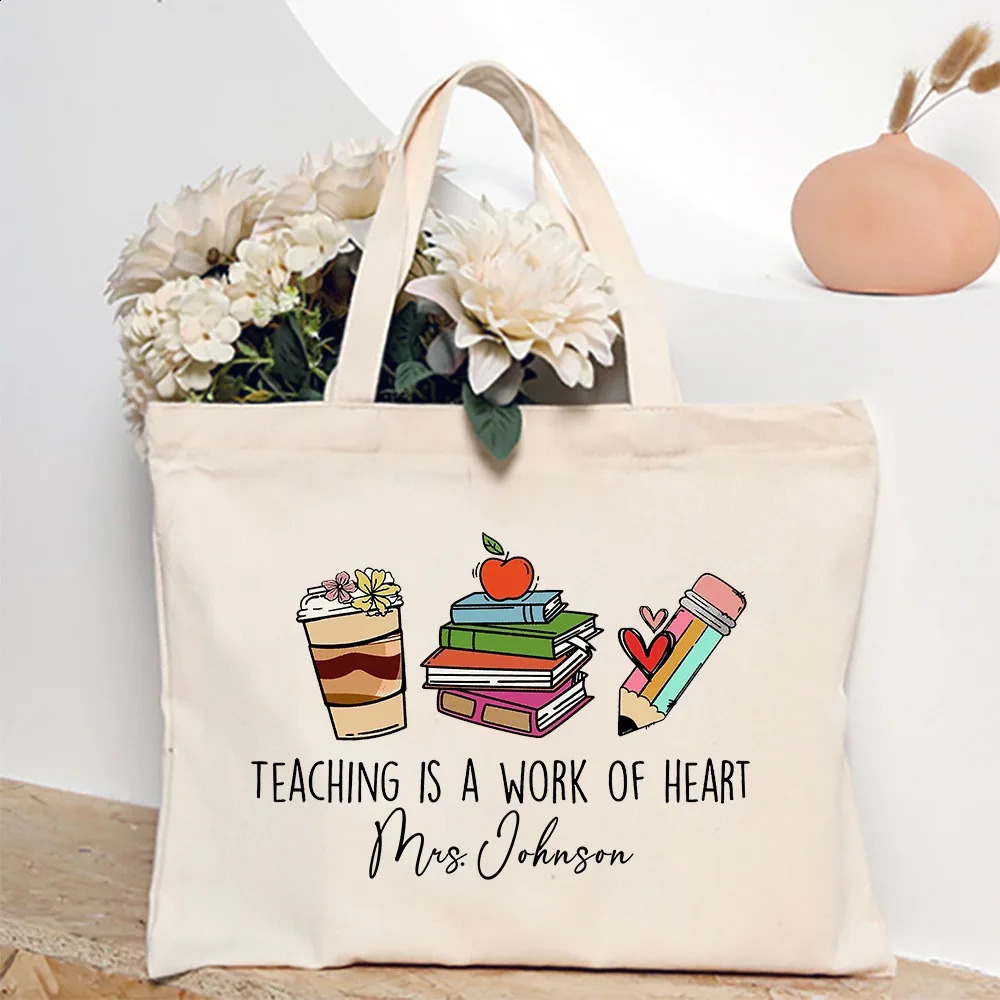 Personalized Tote Bag Custom Name Canvas Shoulder Bags Teacher Life Shopping Bag Female Travel Handbags Gift for Teachers 260625 - view 6