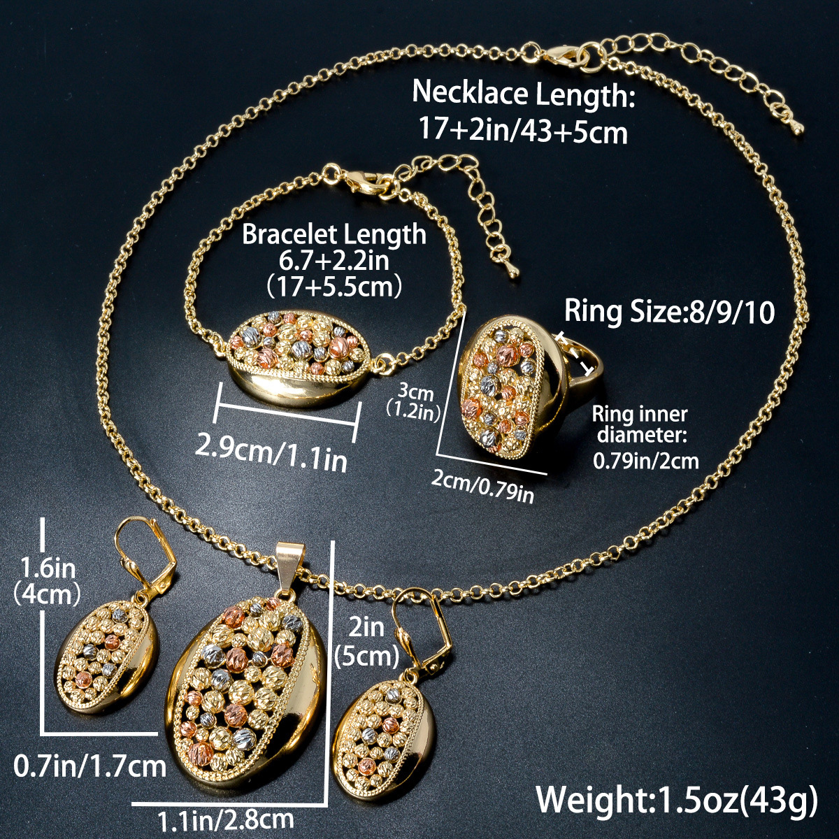 Necklace Bracelet Jewelry New Product: Oval Hollow Electroplated Steel Bead Necklace Bracelet Earrings Ring Niche Design Set - view 5