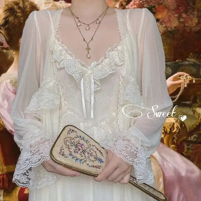 Vintage Female Court Style Thin Tulle Robe/Nightdress Ladies Princess Nightgowns Fairytale Pajamas Sleepwear Womens Clothing260622 - view 4