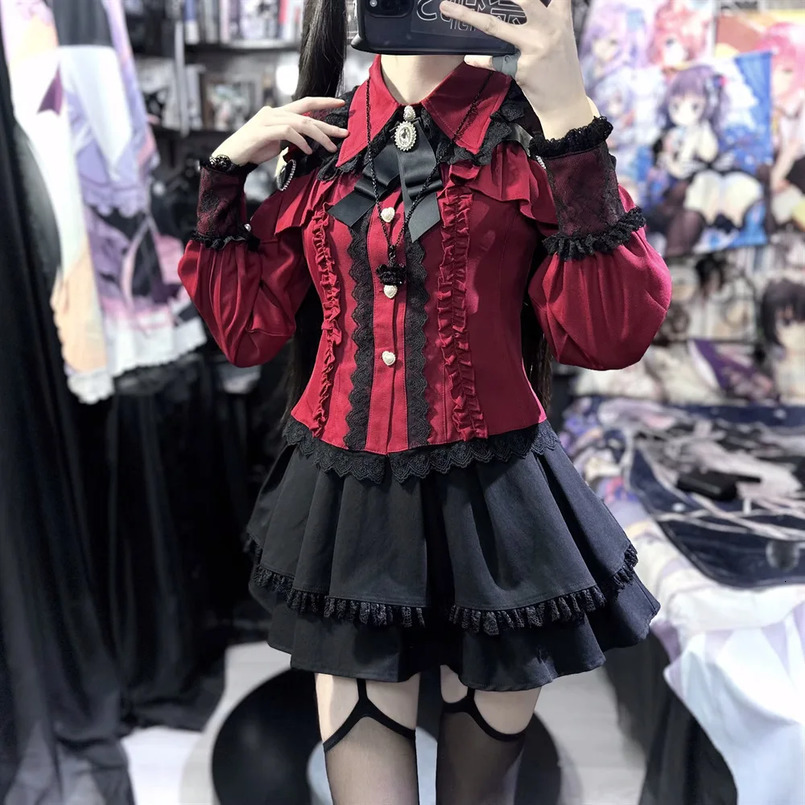 Dark Sweet Heart Ground Type Lolita Set Ruffle Sleeve Top Aline Skirt Cute Kawaii Japanese Style Gothic Coord Outfit SXL 260625