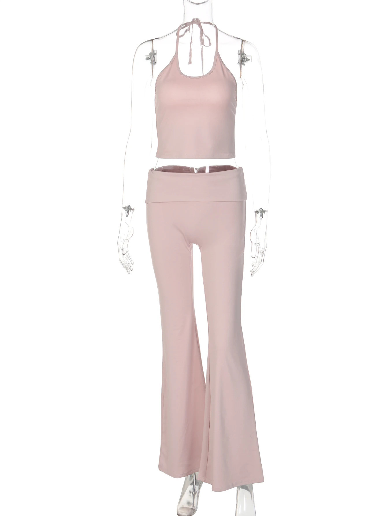 Hugcitar Fashion 2 Piece Sets Halter Soild Backless Lace Up Sexy Crop Camis Top Flare Pants Women Outfit Tracksuit Vacation Yoga 260626 - view 7