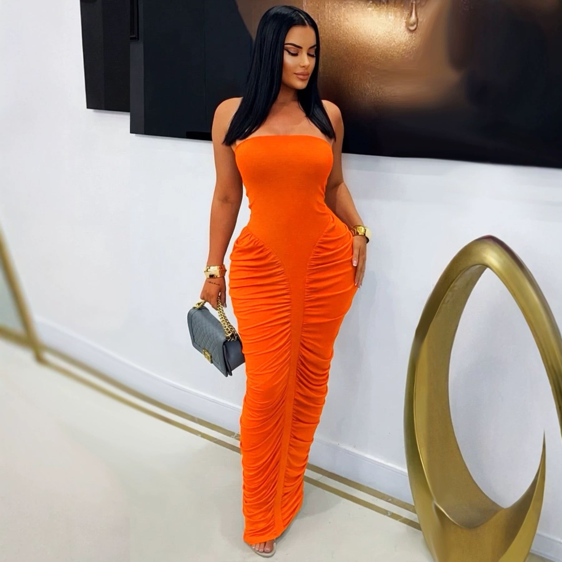 TW853 Womens Sexy Bodycon Long Dress with Wrap Chest and Pleated Design Solid Color Fashionable Casual Dress - view 4