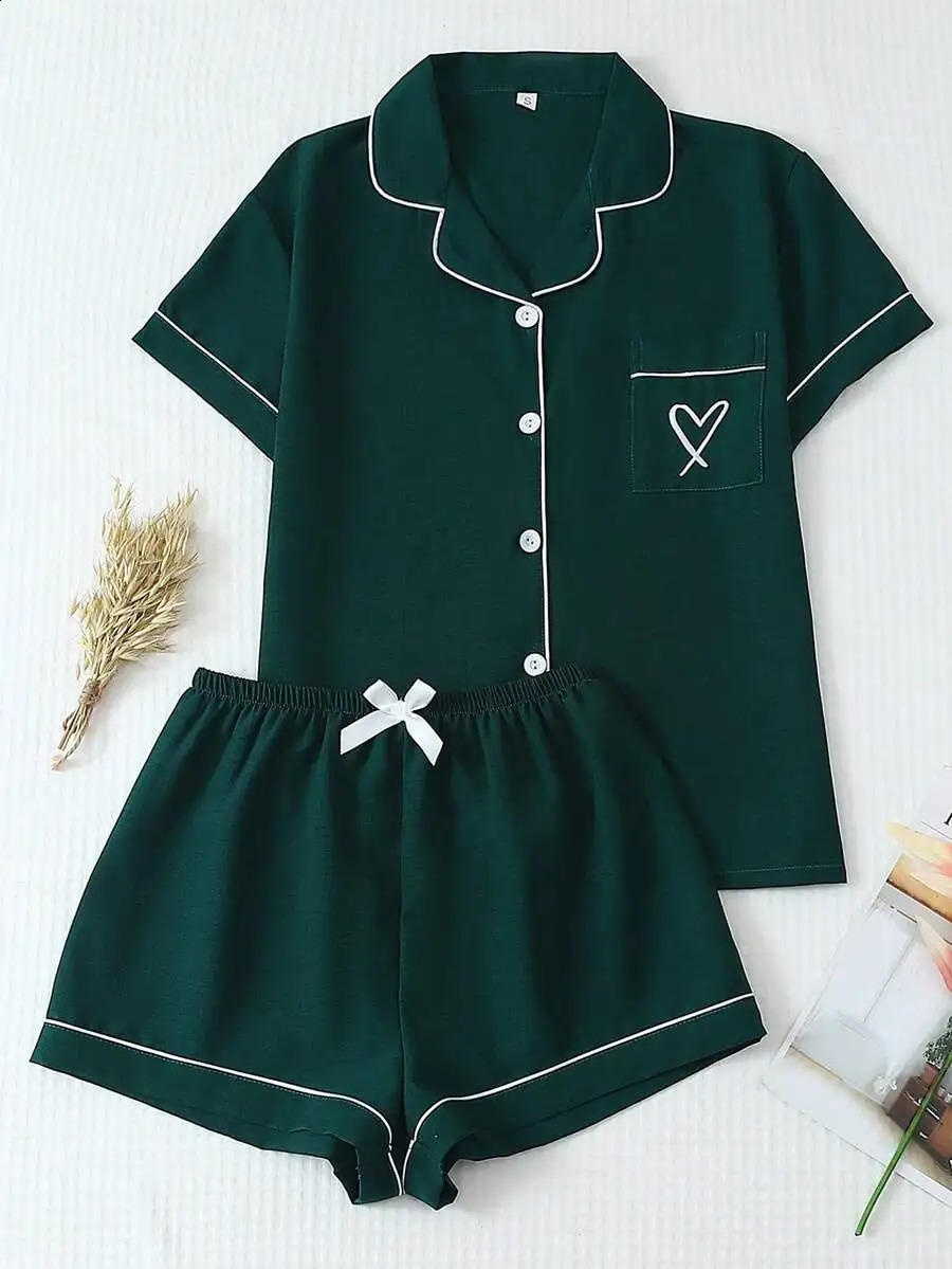 2pc Solid Color Summer Contrast Trim Collar Heart Embroidery Short Sleeve Pajama Set With Bowknot Shorts 260625 - view 1