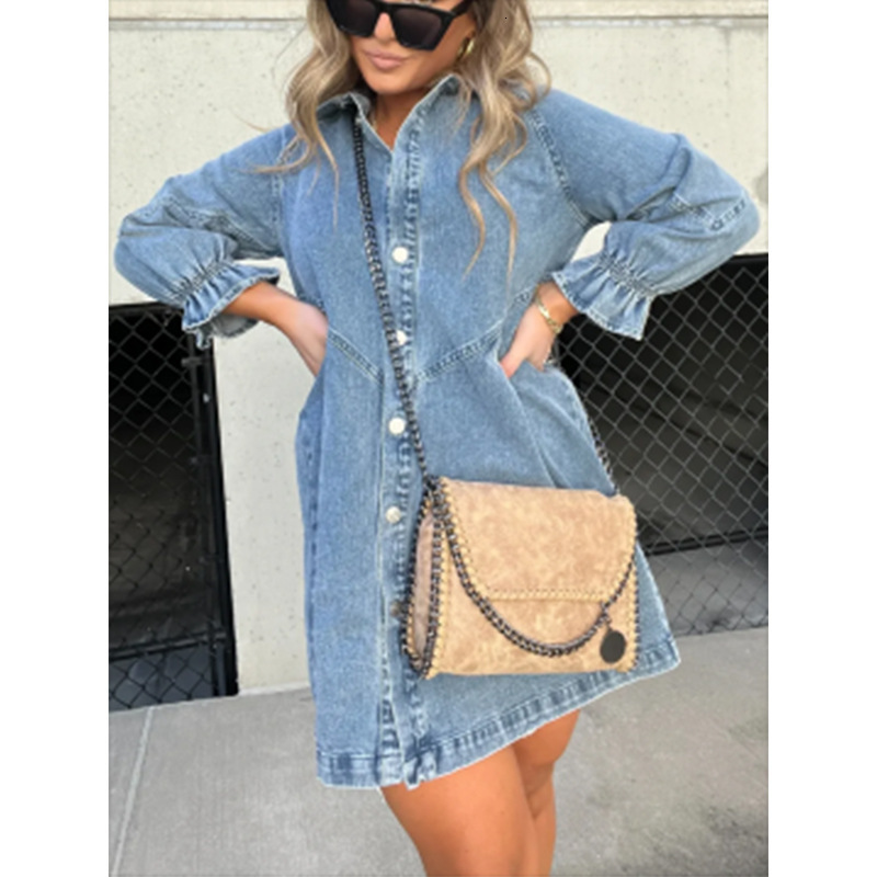 2023 New Hot-Selling Washed Shirt Denim Skirt Lantern Sleeve Loose Dress for Women