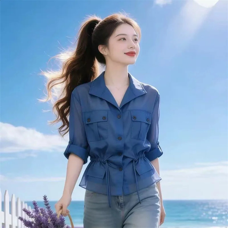 Blue Thin Micro-transparent Shirt coat Womens Spring Summer 2026 Style fashion long sleeve TeeShirts Sunscreen clothing 260626 - view 3