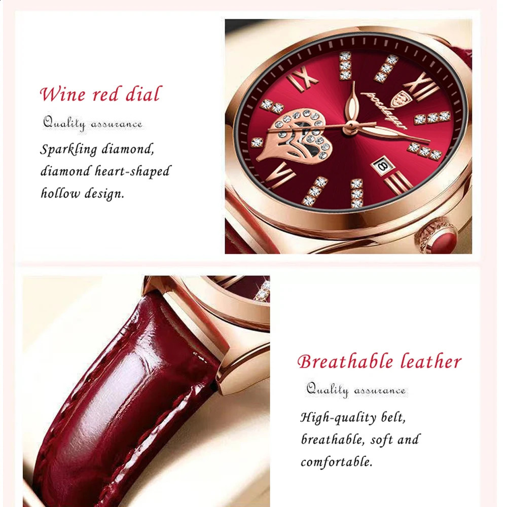 POEDAGAR Watch Women Diamond Waterproof Luminous Ladies Leather Watches Fashion Hollow Top y Rose Gold Quartz Wristwatch 260624 - view 4