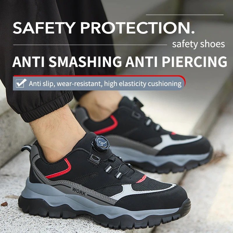 Mens Work Shoes Steel Toe Safety Boots Antismash Black Lightweight Breathable Sneakers Rotary Button 260624 - view 3