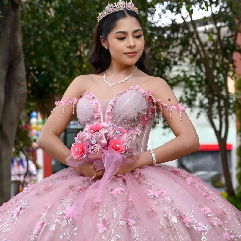 Rose pink strapless tassel shoulder fishbone corset mesh ball gown Quinceanera gentle princess dress