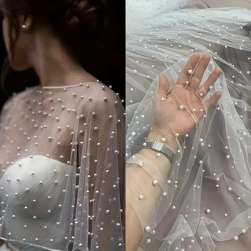 White Pearl Net Shawl for Bridal Wedding Short Sleeve Style with Plain Silk Edge 260625 - view 6