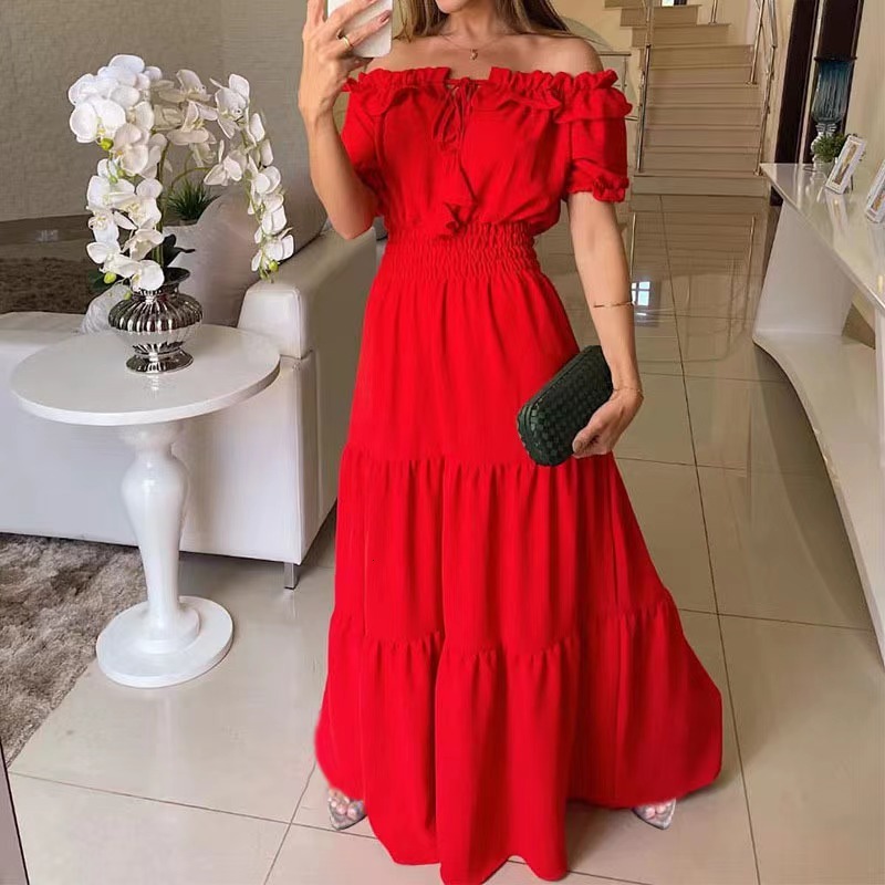 2026 New Fashion Solid Color Lotus Lace-Up Ruffle Trim Strapless Puff Sleeve Flared Dress - view 5