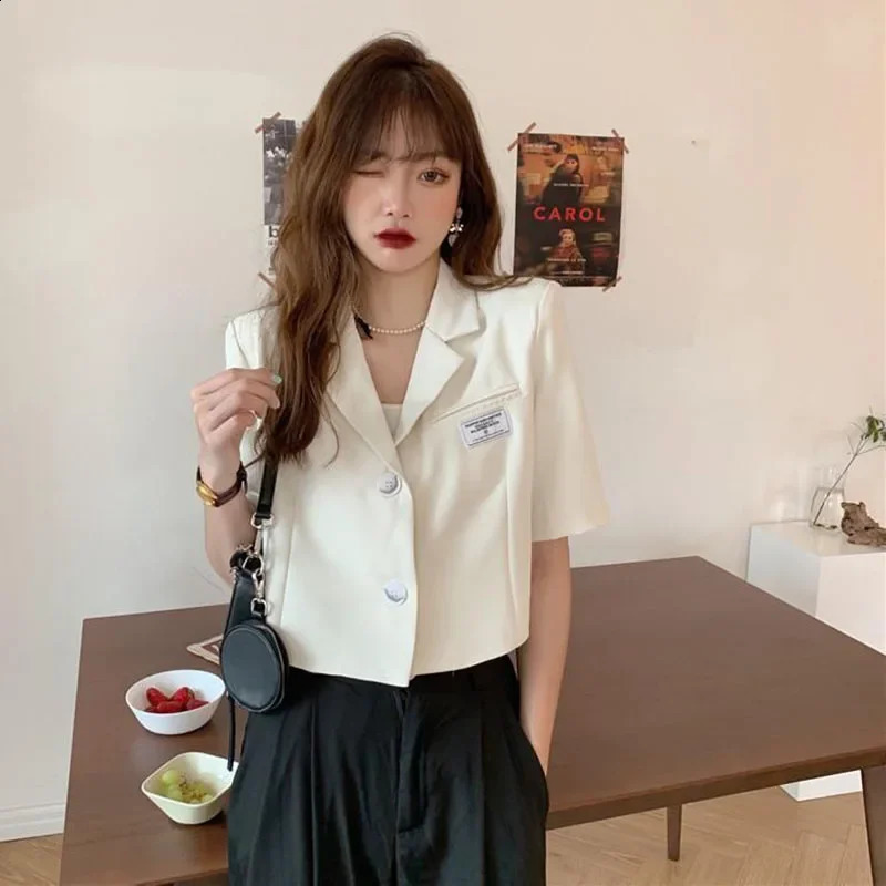 Short Sleeve Blazer Jacket Ladies Summer Thin Notched Collar Suit Coat Women Casual Wild Black White Outwear Tops 260625 - view 5