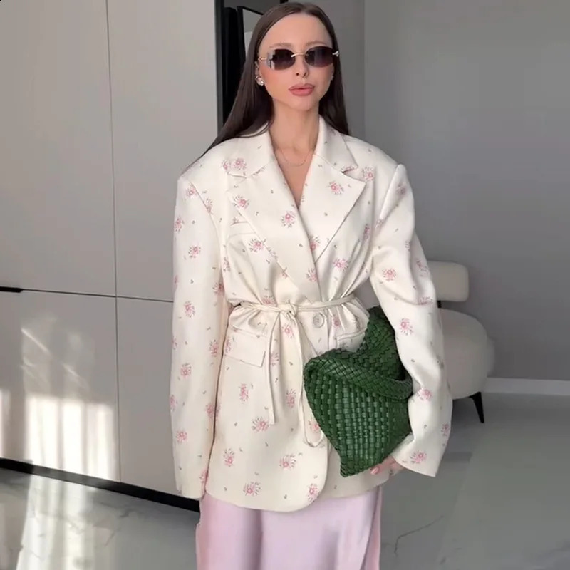 Women Blazer Coat Print Suit Jacket Lace Up Long Sleeve Notched Collar Waist Cinched Loose Casual Office Lady Spring Summer 260625 - view 4