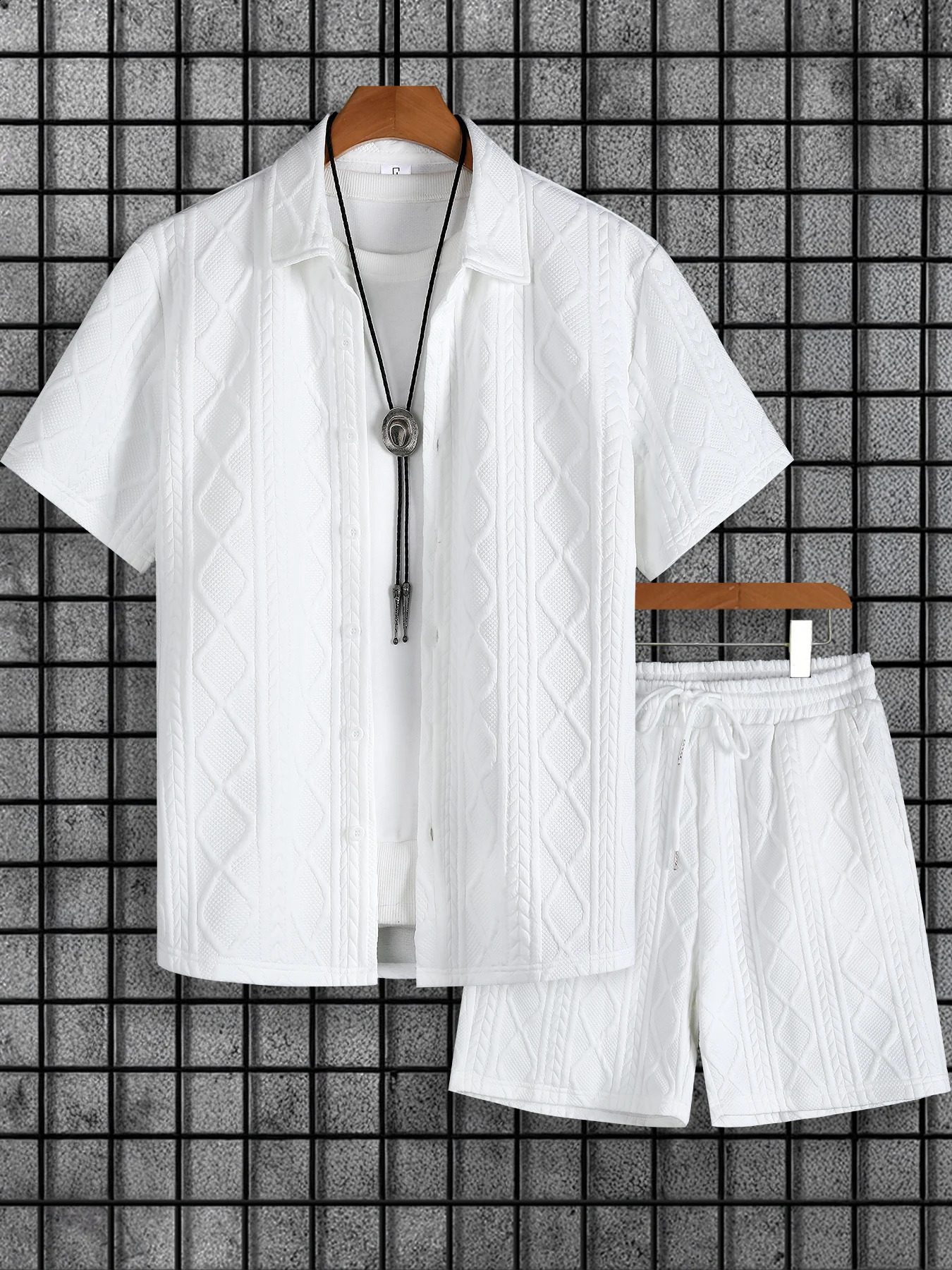Mens White Cable Knit Textured Casual Set 2 Piece Lapel Collar Short Sleeve Shirt Drawstring Shorts Outfit 260618 - view 3