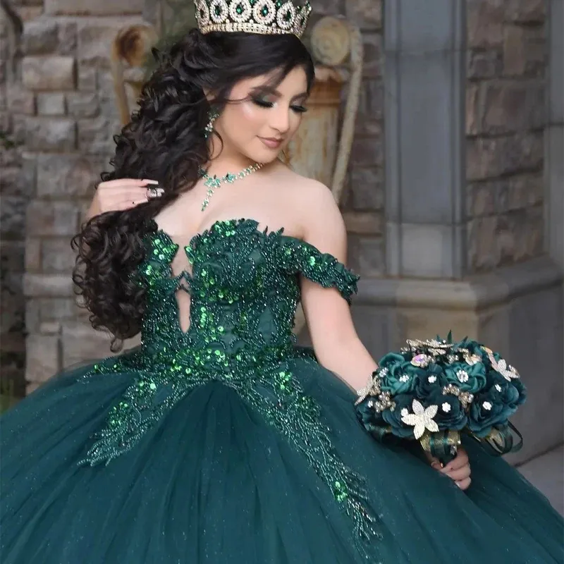 Dark green off-shoulder dress with heavy beading, sequin embroidery, and a long puffy train - Quinceanera vintage forest-style princess dress - view 5
