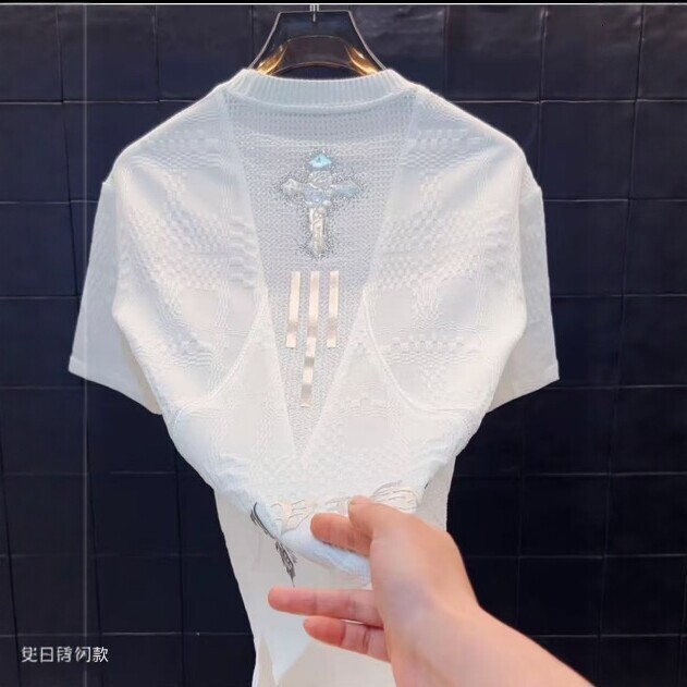 2026 Summer New Men's Hollow Knit Short Sleeve T-Shirt With Luxurious Sequin Cross Design, Fashionable And Versatile Men Round-Neck Pullover