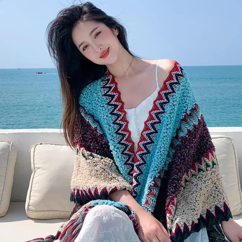 Ethnic Style Cape Oversized Sweater Jacket Women Fashion Loose Patchwork Warm Long Scarf Knitted Cardigan Woman 260625 - view 4