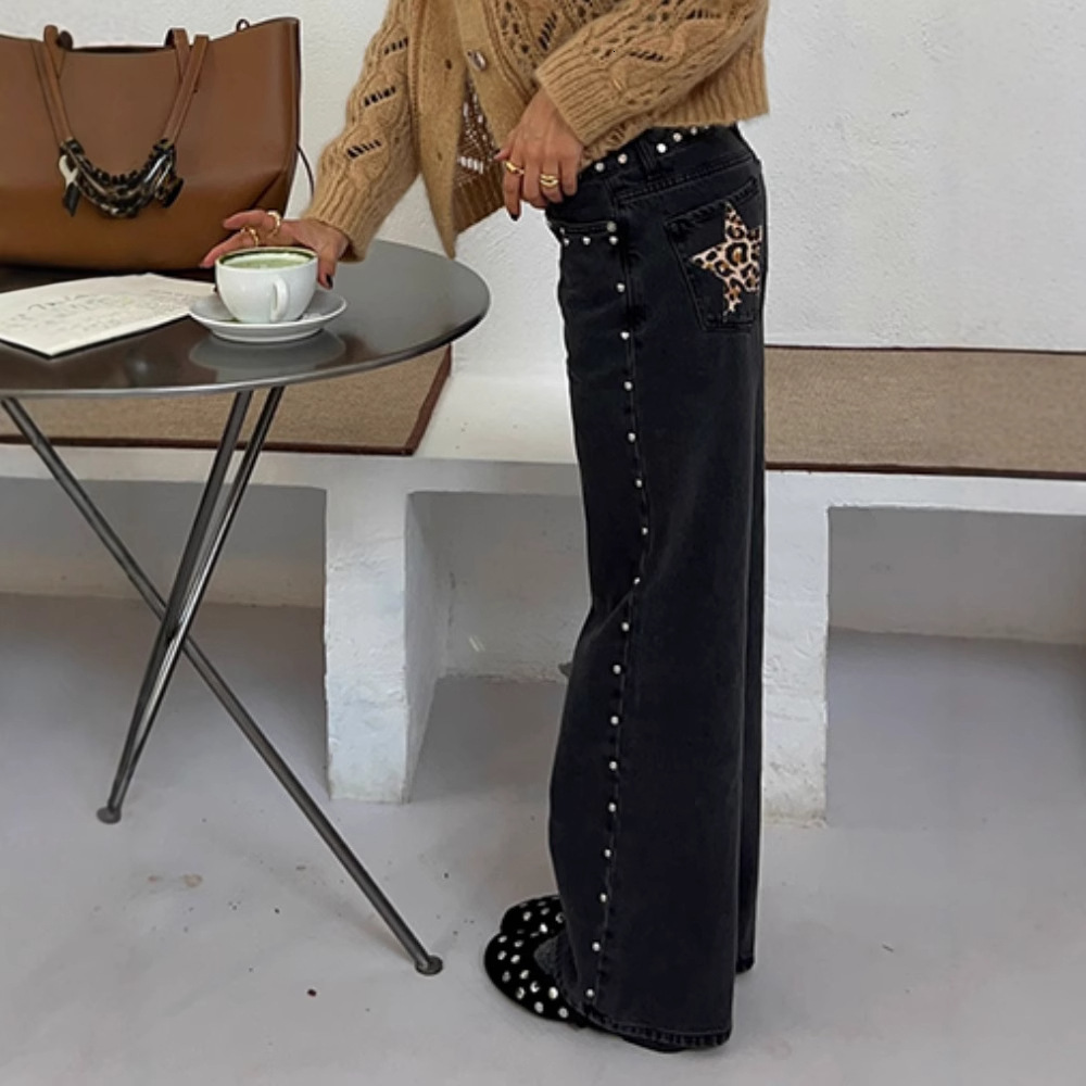One Dilemma European And American Star Print Rhinestone Embellished Loose Straight Jeans Women's Clothing Embroidered Jeans Straight Leg Pants - view 5