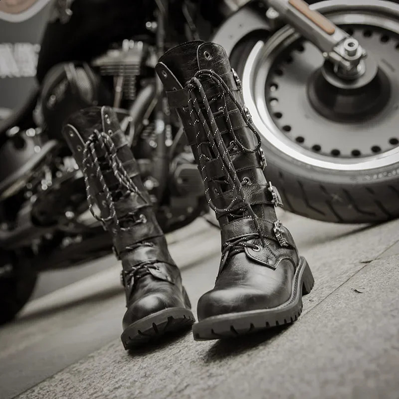 Large Size 37-46 Mens PU Leather Motorcycle Boots Mid-calf Breathable Boots Gothic Belt Punk Boots Men Punk Shoes 260626 - view 4