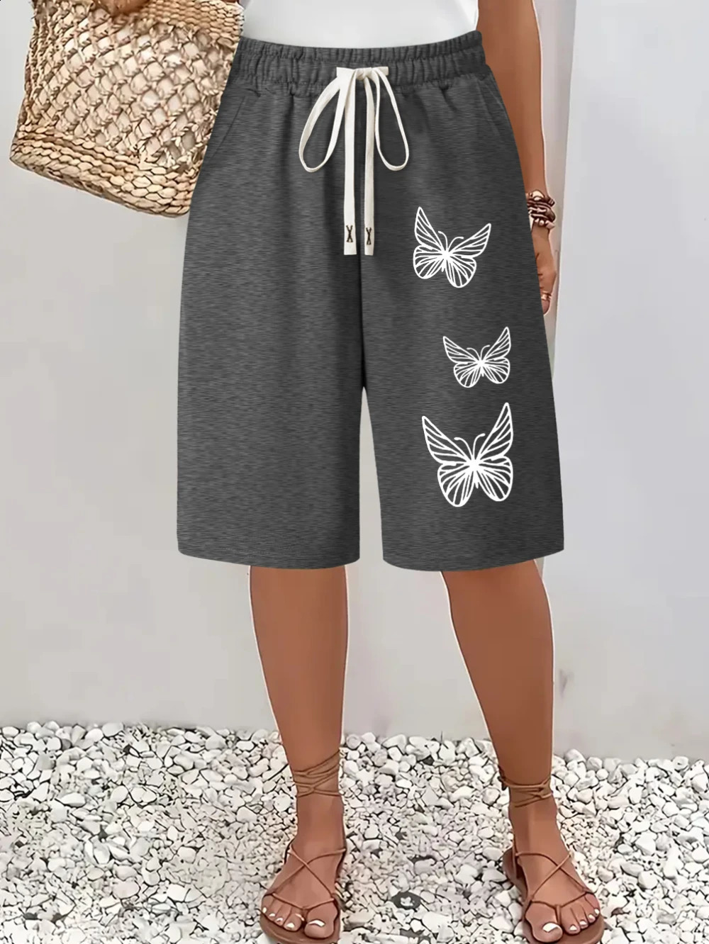 Butterfly Printed Casual Shorts Elegant for Women Double Pocket n Loose Fit Knee Length Suitable Daily 260626 - view 4