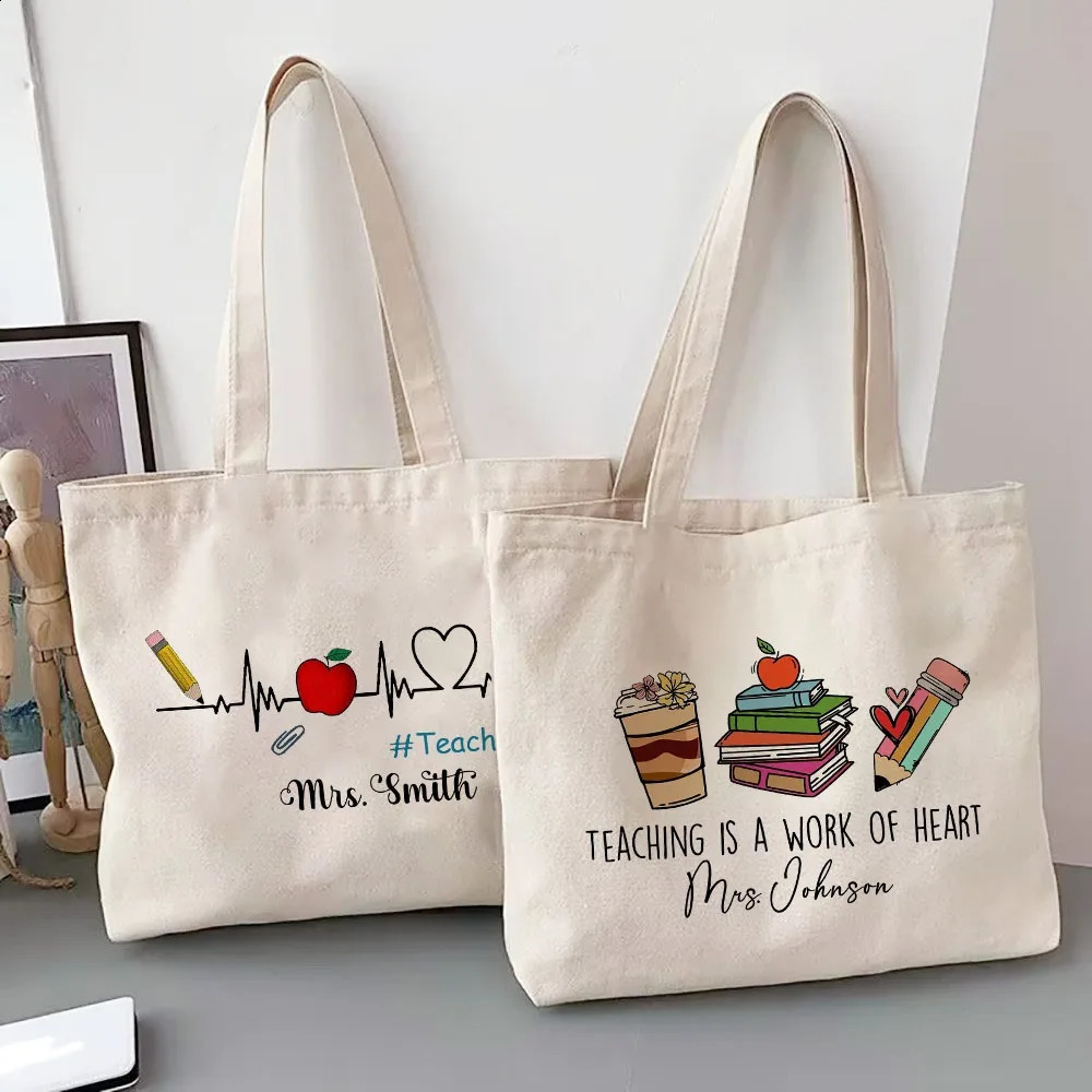 Personalized Tote Bag Custom Name Canvas Shoulder Bags Teacher Life Shopping Bag Female Travel Handbags Gift for Teachers 260625