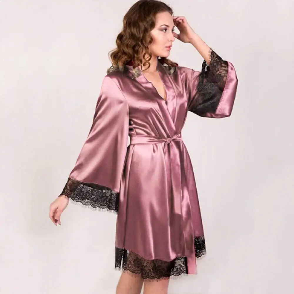 Sexy Womens Kimono Robe Lace Trimmed Satin Nightgown Bridal Wedding Sleepwear Adjustable Belt Comfortable Loungewear260622 - view 6