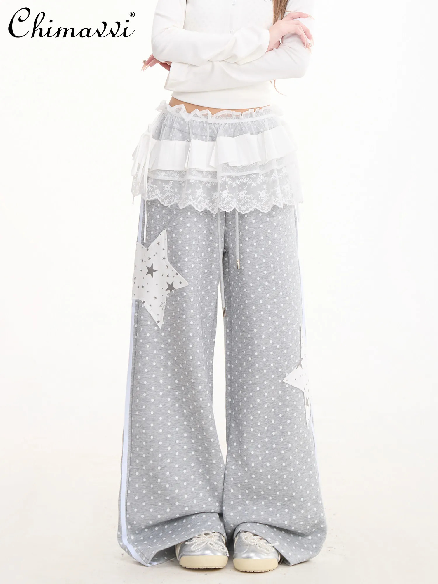 Japanese Fashion Cute Polka Dot Allover Printed Star Patch Sweatpants Women Summer Retro Straightleg Draped Casual Pants 260625 - view 3