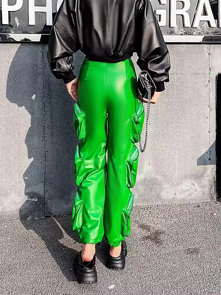 Fashion Women Multi Pocket Sheepskin Genuine Leather Cargo Pants Adjustable Jogger Harem Hop Hip Casual Ankle Length 260625 - view 5