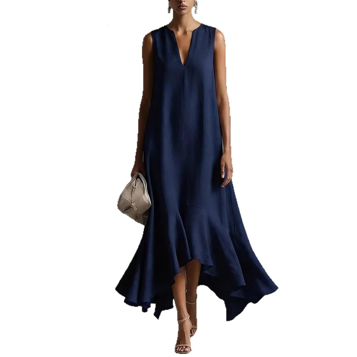 New European and American cross-border fashion deep V-neck sleeveless slim-fit dress with an asymmetrical hem - view 6
