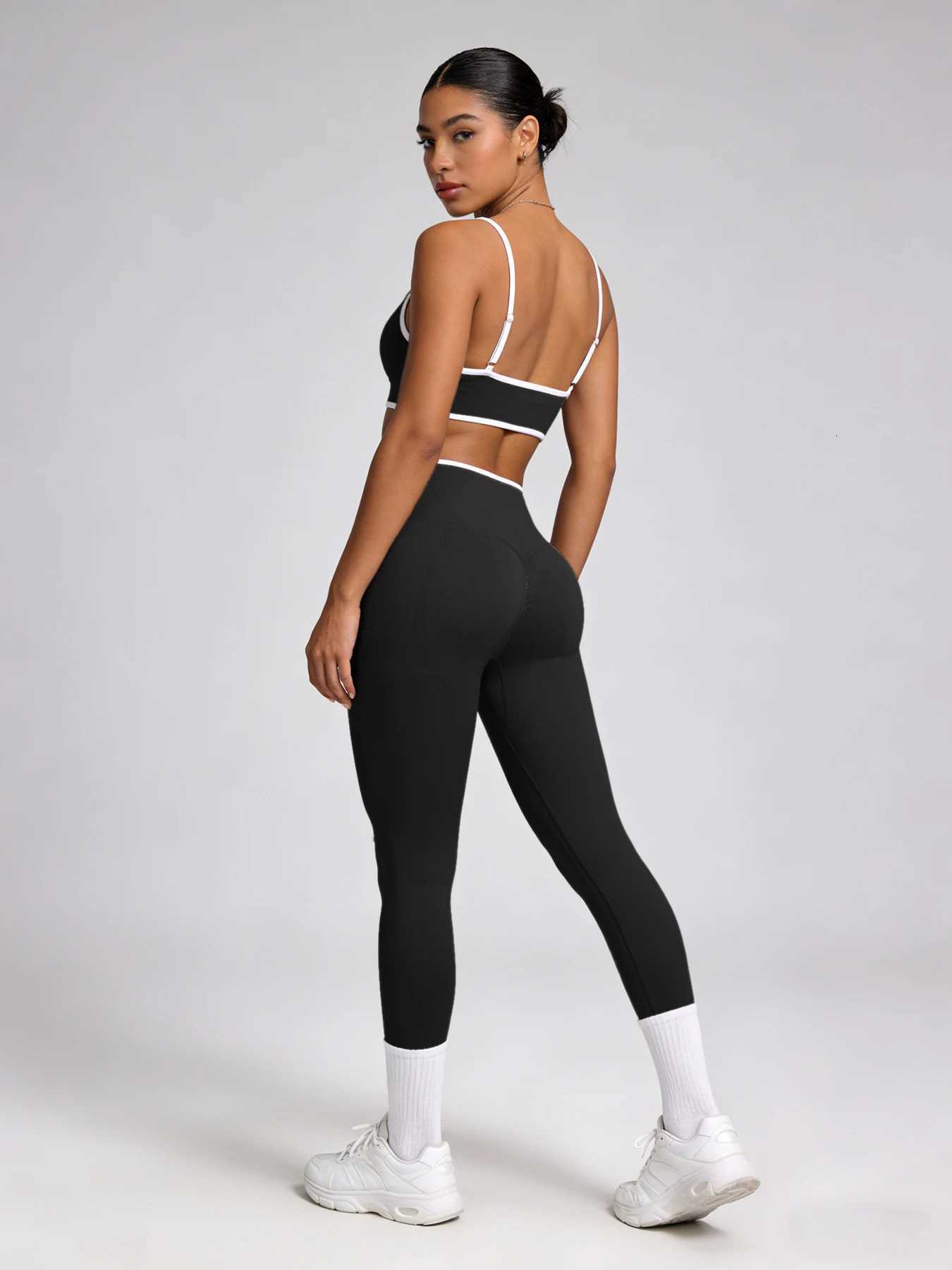 2Pcs Contrast Trim Womens Yoga Outfit Spaghetti Strap Sports Bra High Waist LEggings Gym Wear M260626 - view 6