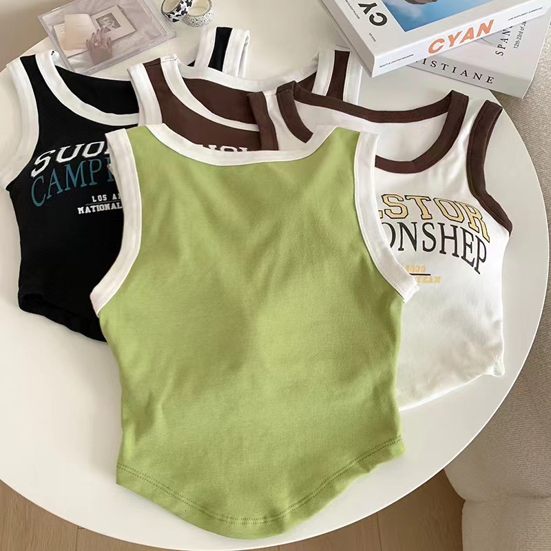 Color blocking printed letter wide shoulder vest, built-in chest cushion, anti exposure underwear, casual sports top, sleeveless top, sexy suspender - view 4