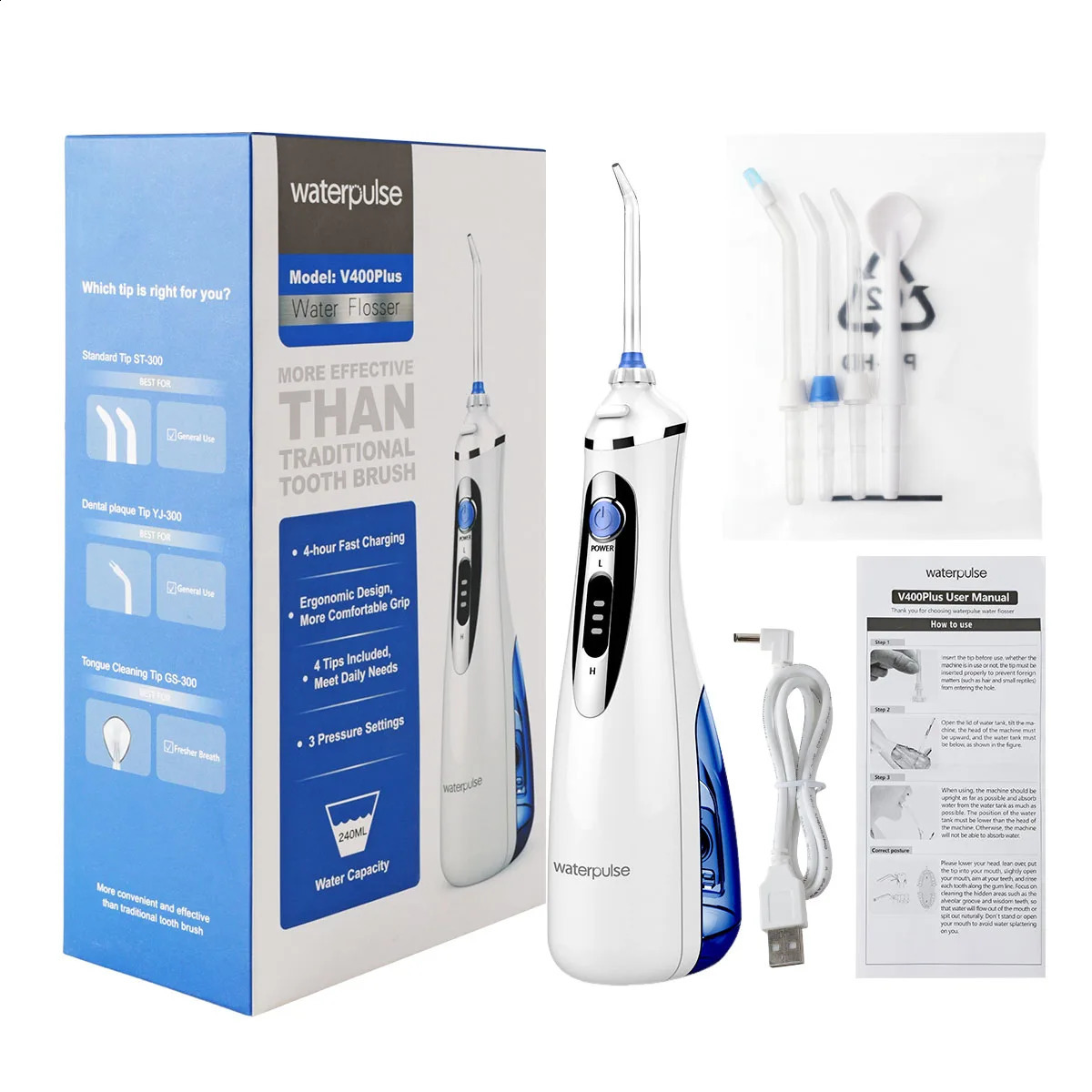 Waterpulse oral irrigator dental floss tooth cleaner 240ML 3speed adjustable 2000mAh 4 replacement nozzles 260626