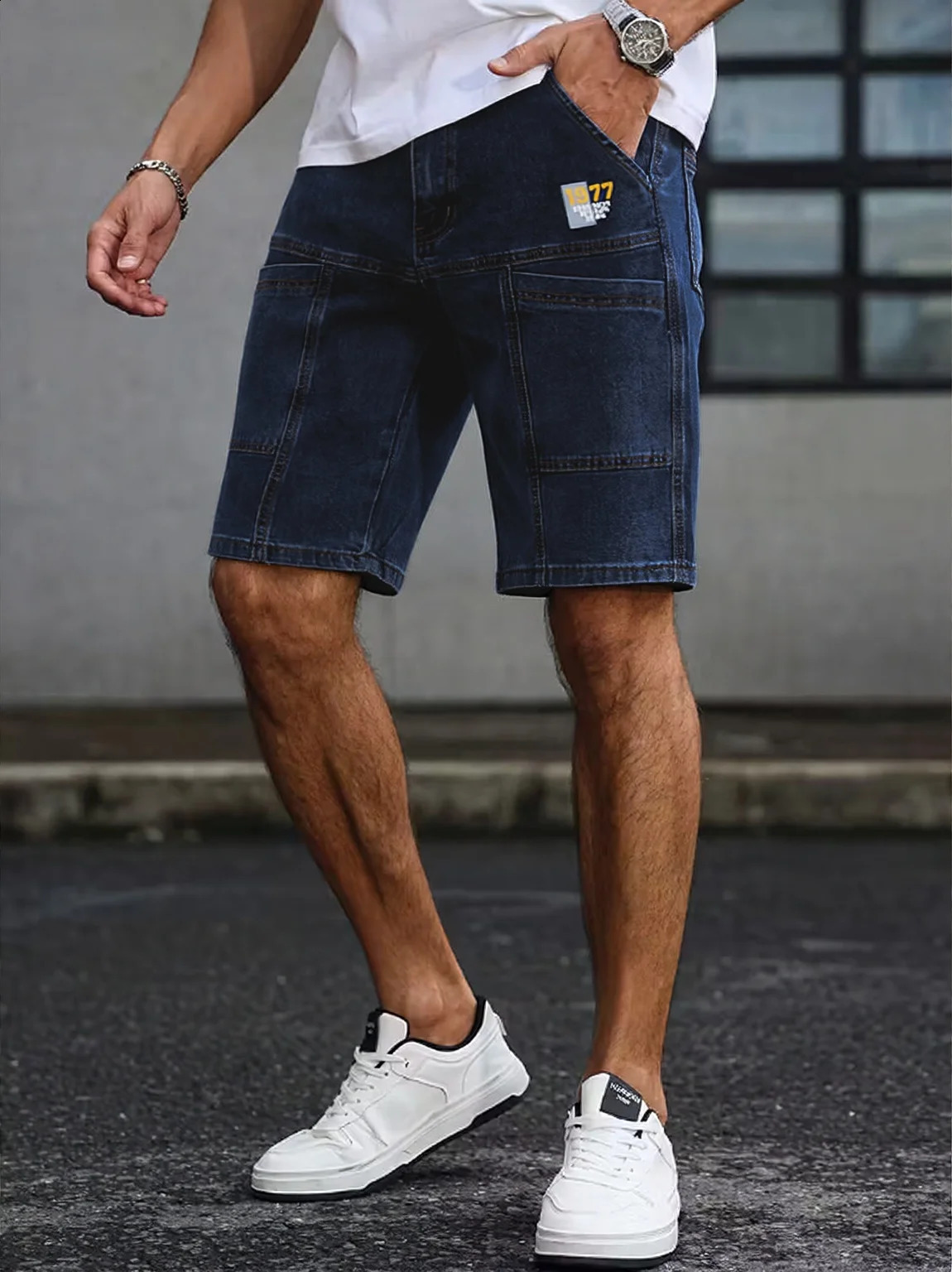 Mens Summer Loose Straight Denim Shorts American Workwear Patchwork Style Casual Cargo MidRise 260625 - view 5