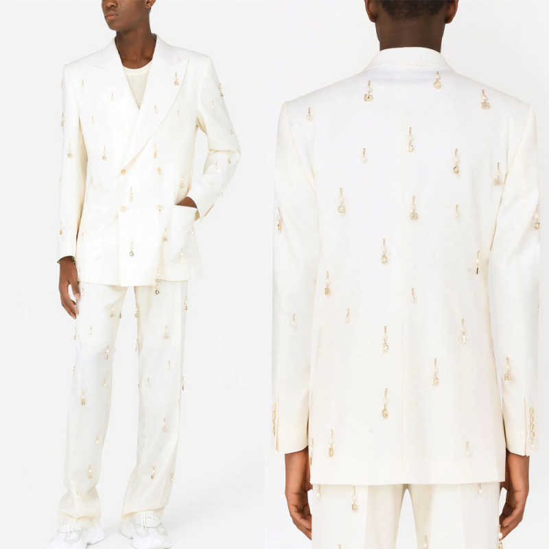 Exquisite Mens Suits 2 Pieces Blazer Pants Double Breasted Tassels Beading Wedding Party Prom Customized trajes de hombre