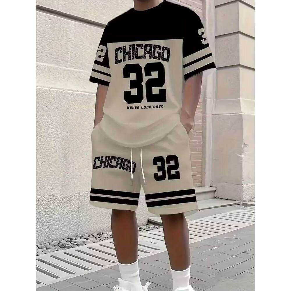 Summer Men's Casual Chicago NO.32 Print Sleeve T-Shirt & Round Neck Short Sleeved Women's T-shirt Shorts Set 26Y0626 - view 3