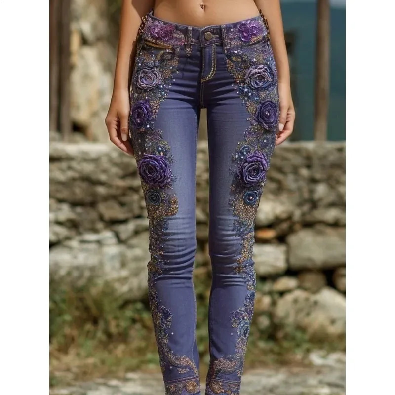 Womens European American Style Floral Print Jeans Straight Leg Casual Denim Pants 260625 - view 6