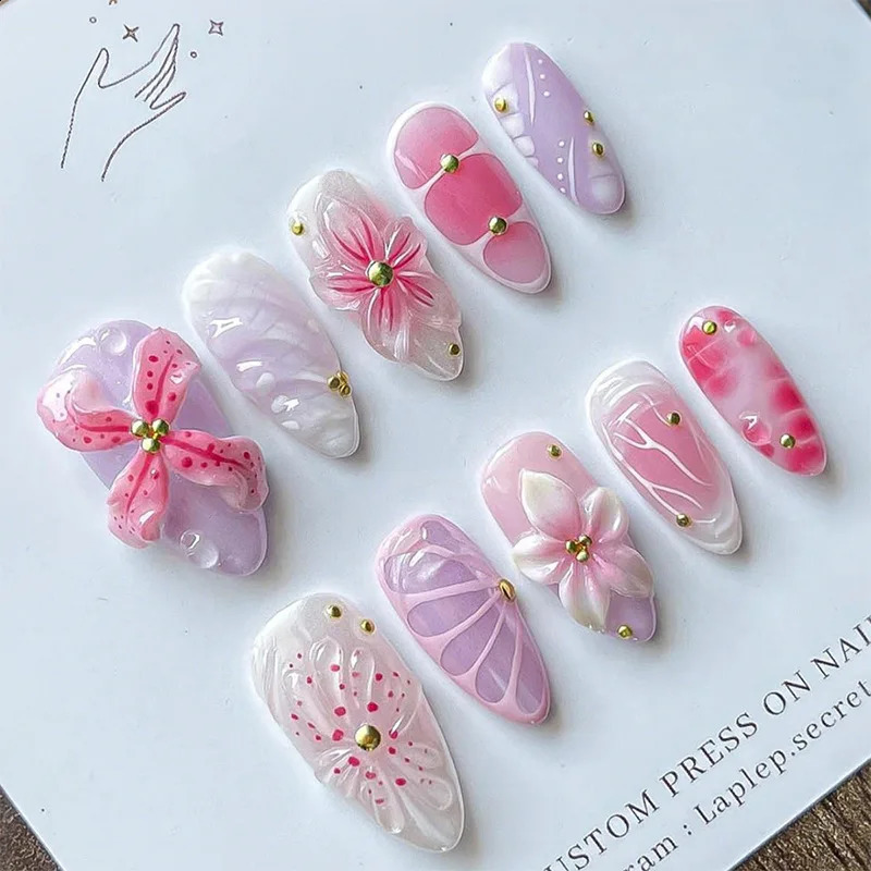 24Pcs Yellow French Full Cover Nails Tips Mid-length Almond Detachable False Nails 3D Flower Pearl Starburst Press on Fake Nails 260626 - view 6