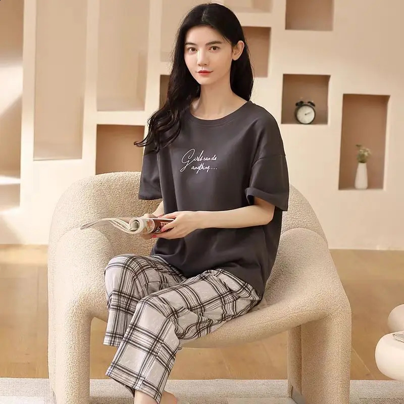 Womens Summer Pyjamas ShortSleeved Top and Cropped Trousers Plus Size BohoChic Checked Set Loungewear Underwear 260625 - view 7