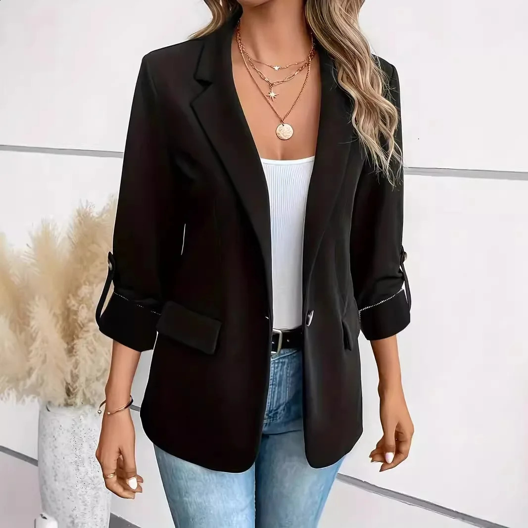 Womens Camel Notched Lapel RolledSleeve Casual Blazer LooseFit Office Daily Outerwear 260625 - view 5